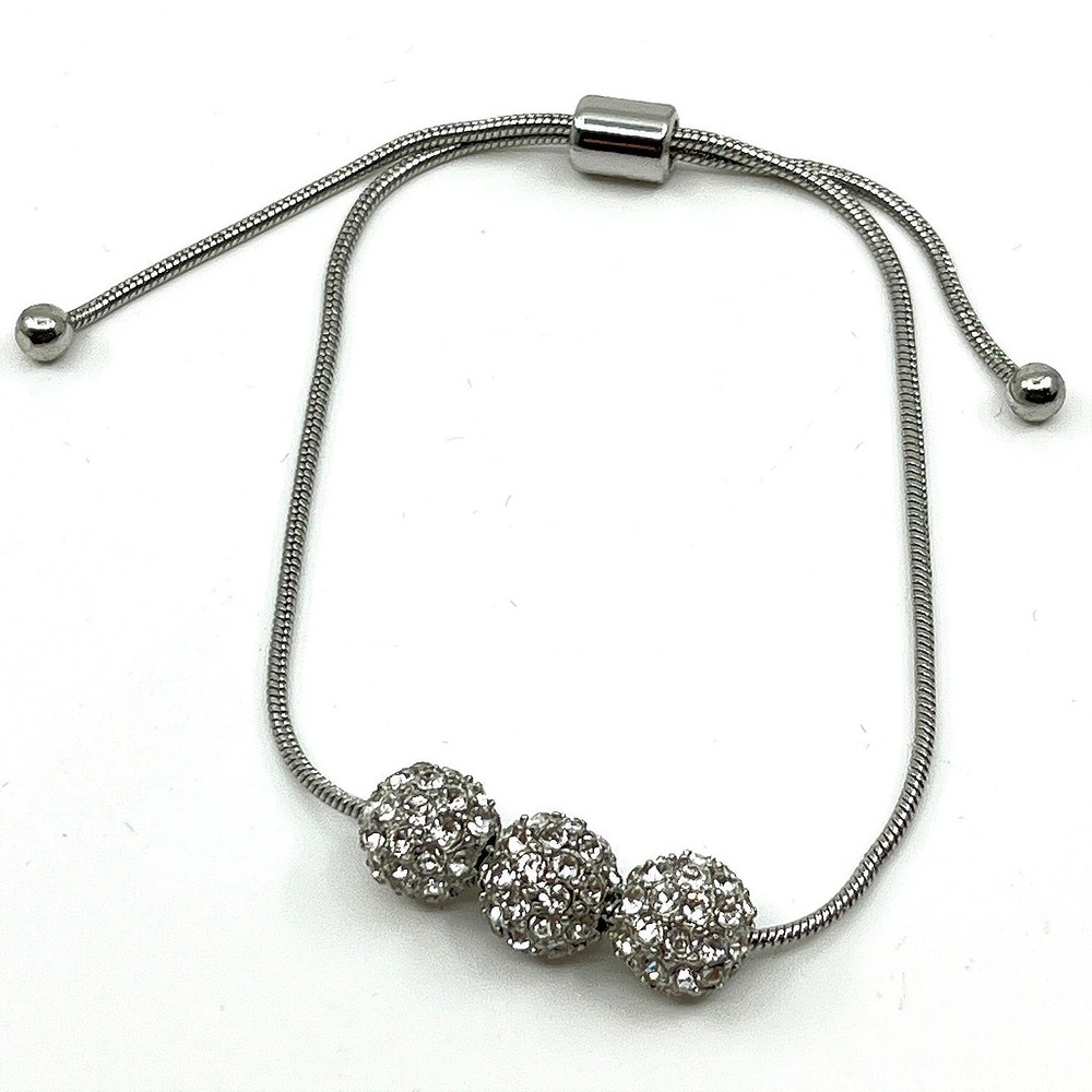 VTG Modern Silver Tone Sparkling Rhinestone Pave Disco Ball Slider Bolo Bracelet